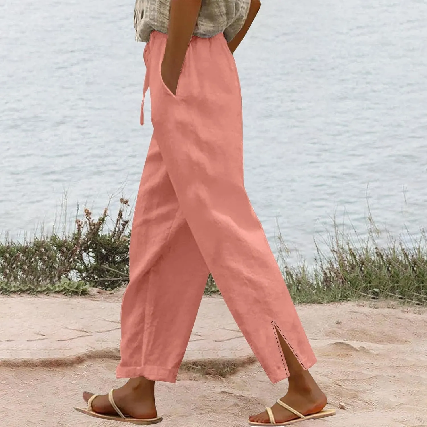 Womens Linen Pants with Pockets High Waist Comfy White Gauze Pants Straight Leg Casual Lightweight Loose Trousers