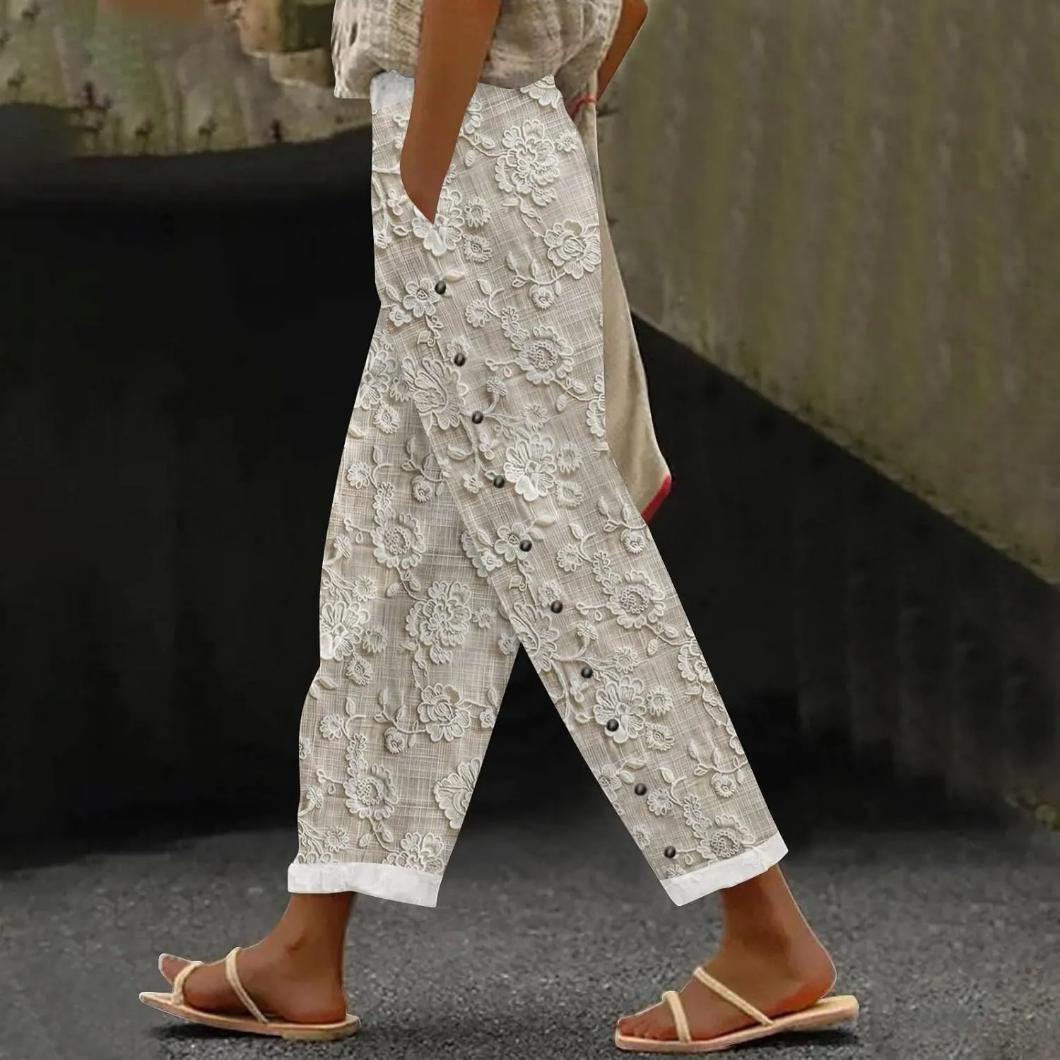 Womens Linen Pants with Pockets High Waist Comfy White Gauze Pants Straight Leg Casual Lightweight Loose Trousers