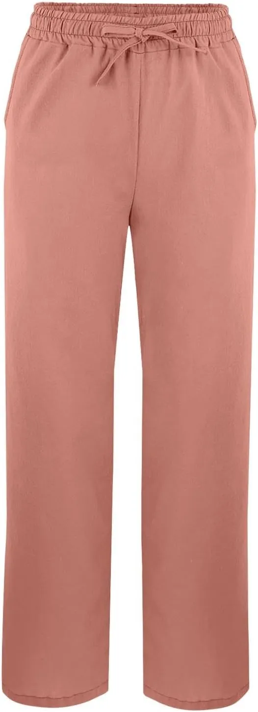Womens Linen Pants with Pockets High Waist Comfy White Gauze Pants Straight Leg Casual Lightweight Loose Trousers