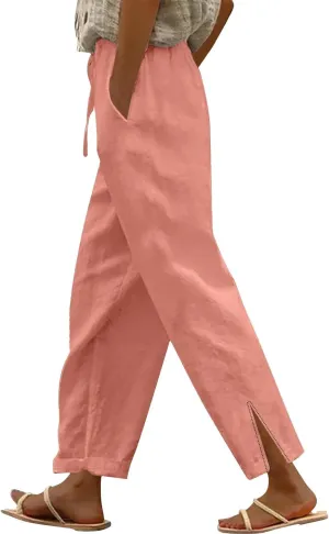 Womens Linen Pants with Pockets High Waist Comfy White Gauze Pants Straight Leg Casual Lightweight Loose Trousers