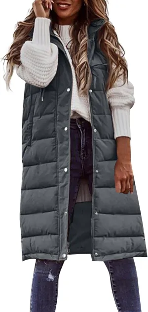 Womens Long Puffer Vest Winter Casual Sleeveless Full Zip Hooded Puffer Jacket Packable Lightweight Quilted Jacket Down Coats