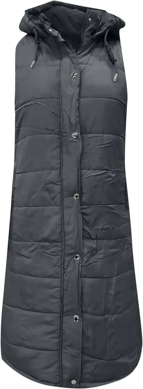 Womens Long Puffer Vest Winter Casual Sleeveless Full Zip Hooded Puffer Jacket Packable Lightweight Quilted Jacket Down Coats