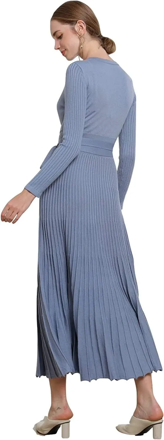 Women's Long Sleeve Sweater Dress Ankle Length Fall Dress Vneck Knit Winter Dress