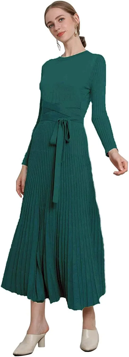 Women's Long Sleeve Sweater Dress Ankle Length Fall Dress Vneck Knit Winter Dress