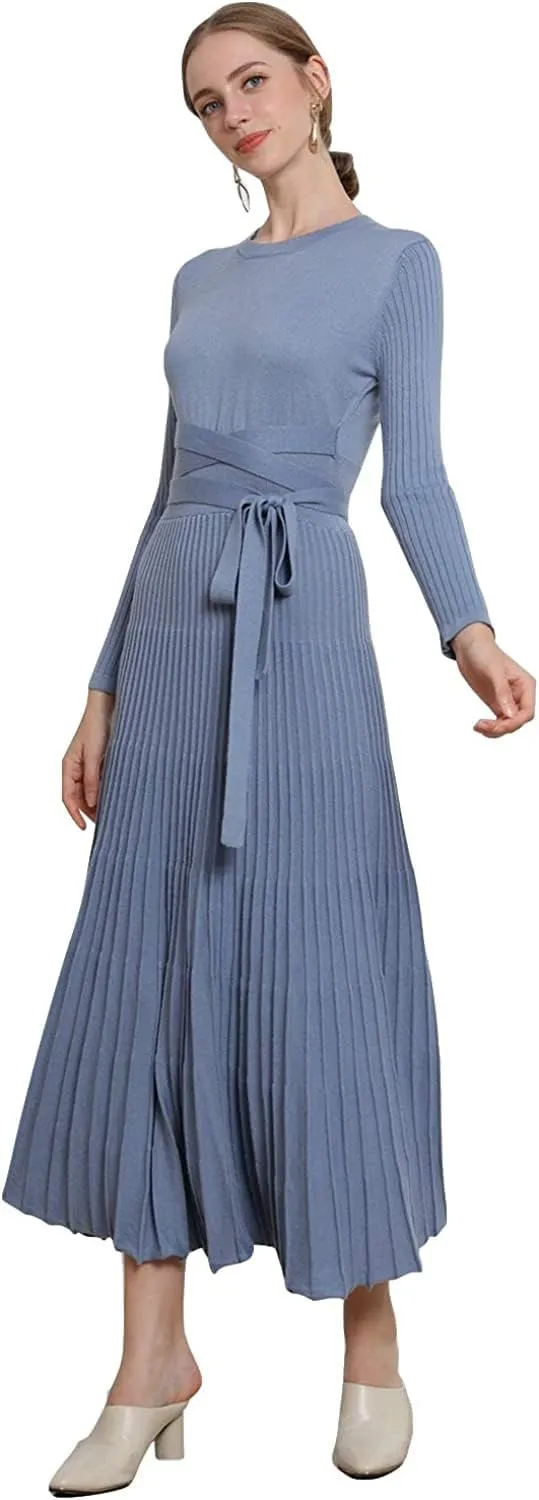 Women's Long Sleeve Sweater Dress Ankle Length Fall Dress Vneck Knit Winter Dress