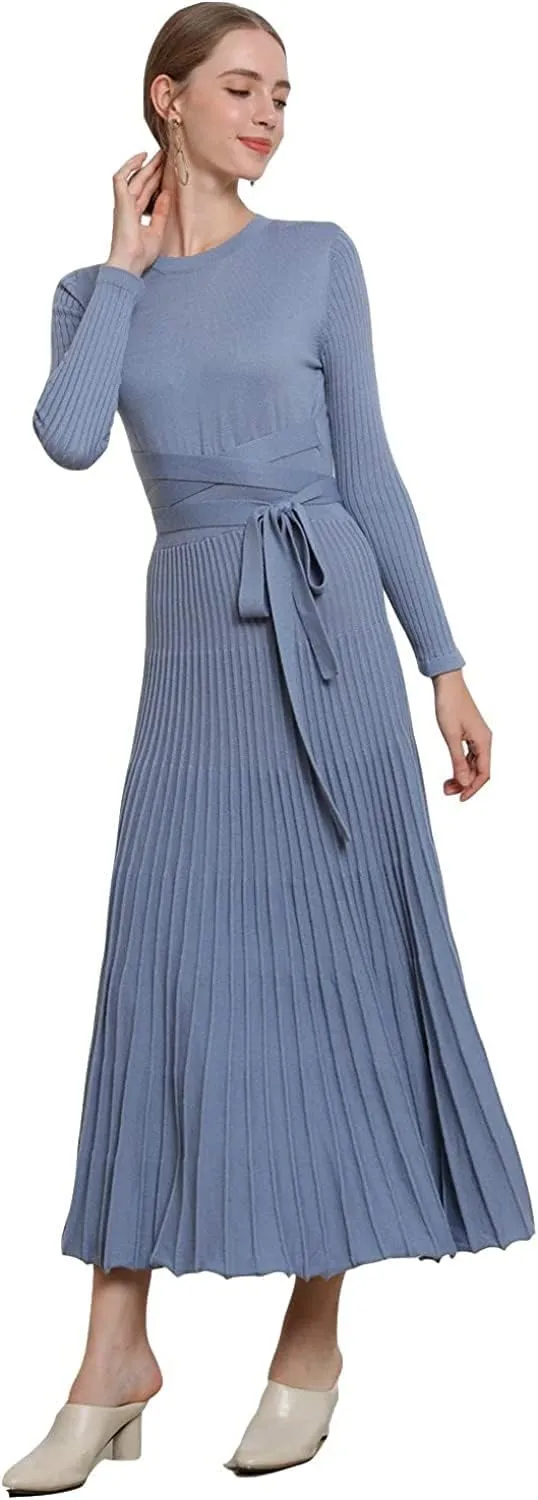 Women's Long Sleeve Sweater Dress Ankle Length Fall Dress Vneck Knit Winter Dress