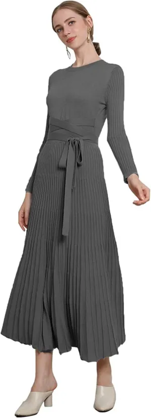 Women's Long Sleeve Sweater Dress Ankle Length Fall Dress Vneck Knit Winter Dress