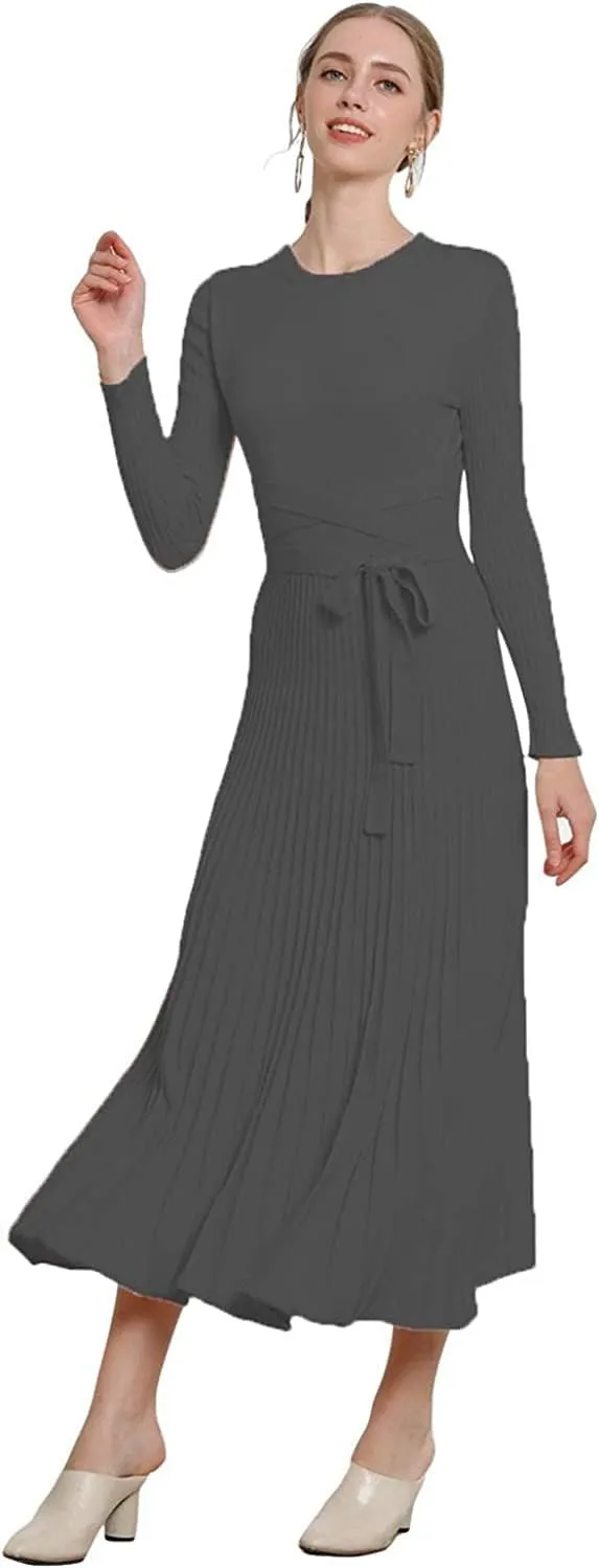 Women's Long Sleeve Sweater Dress Ankle Length Fall Dress Vneck Knit Winter Dress