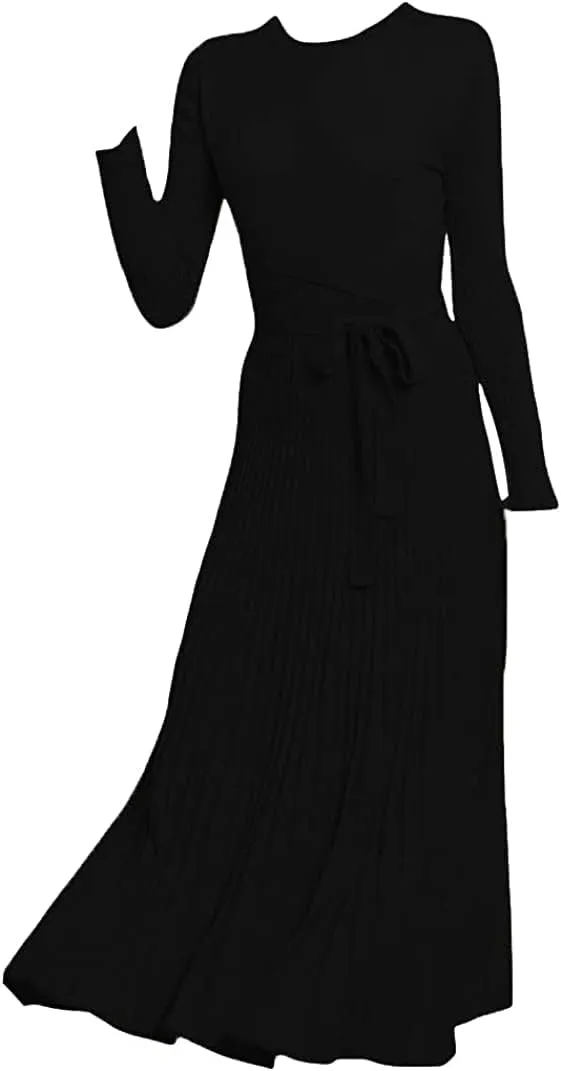 Women's Long Sleeve Sweater Dress Ankle Length Fall Dress Vneck Knit Winter Dress