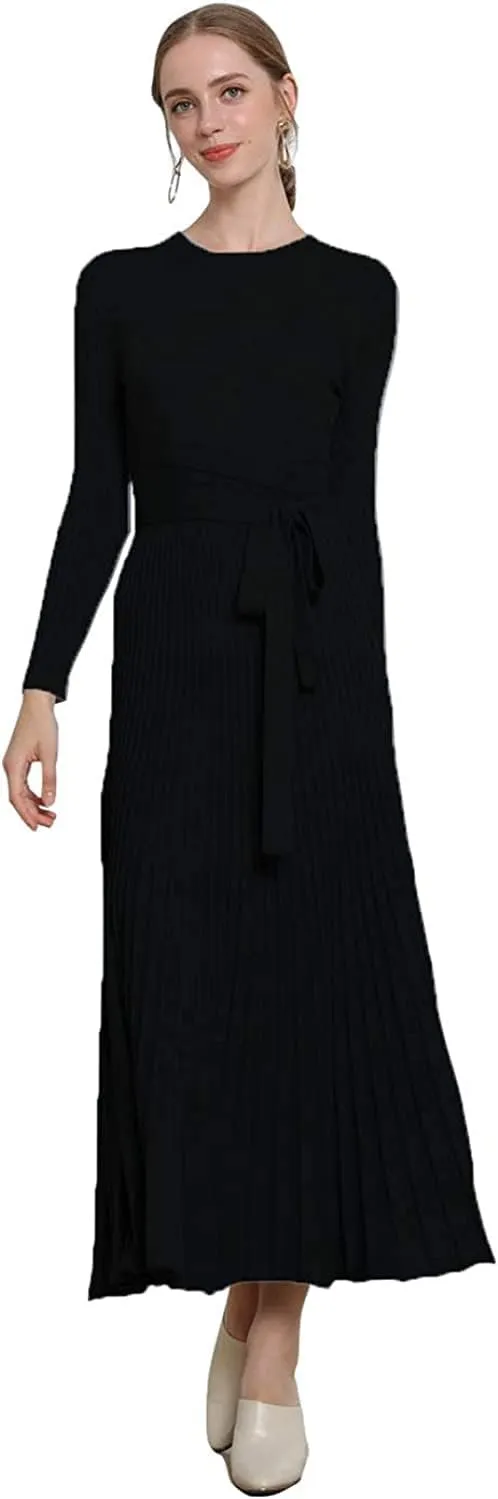 Women's Long Sleeve Sweater Dress Ankle Length Fall Dress Vneck Knit Winter Dress