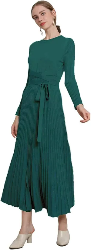 Women's Long Sleeve Sweater Dress Ankle Length Fall Dress Vneck Knit Winter Dress