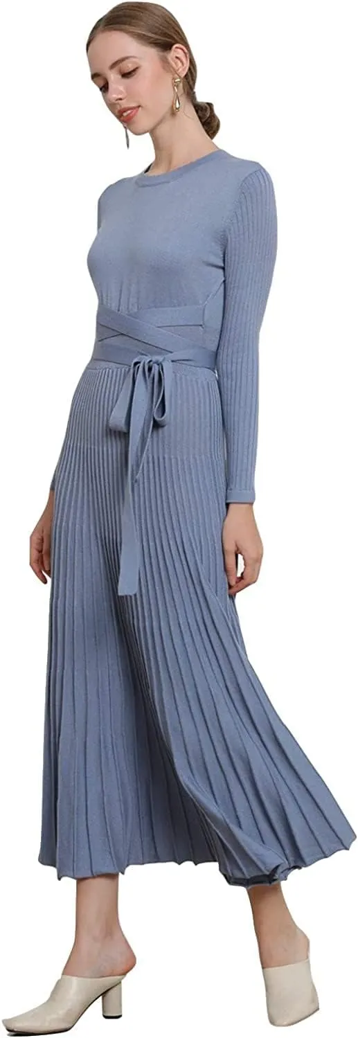 Women's Long Sleeve Sweater Dress Ankle Length Fall Dress Vneck Knit Winter Dress