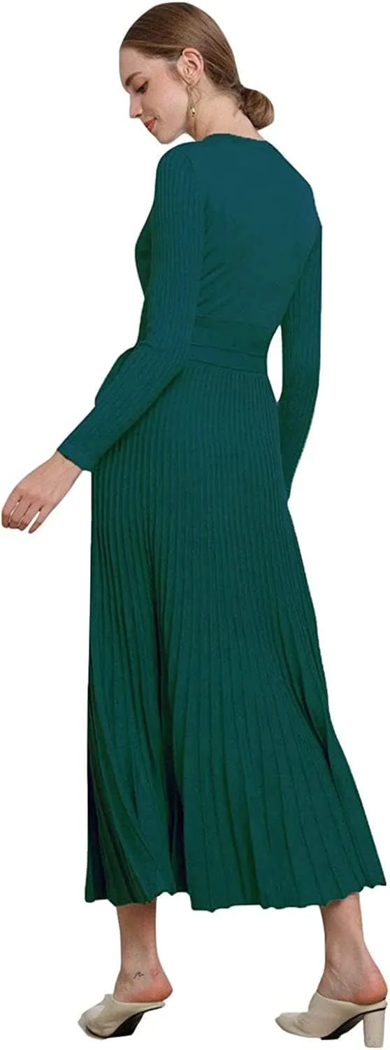 Women's Long Sleeve Sweater Dress Ankle Length Fall Dress Vneck Knit Winter Dress