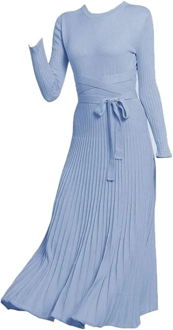 Women's Long Sleeve Sweater Dress Ankle Length Fall Dress Vneck Knit Winter Dress