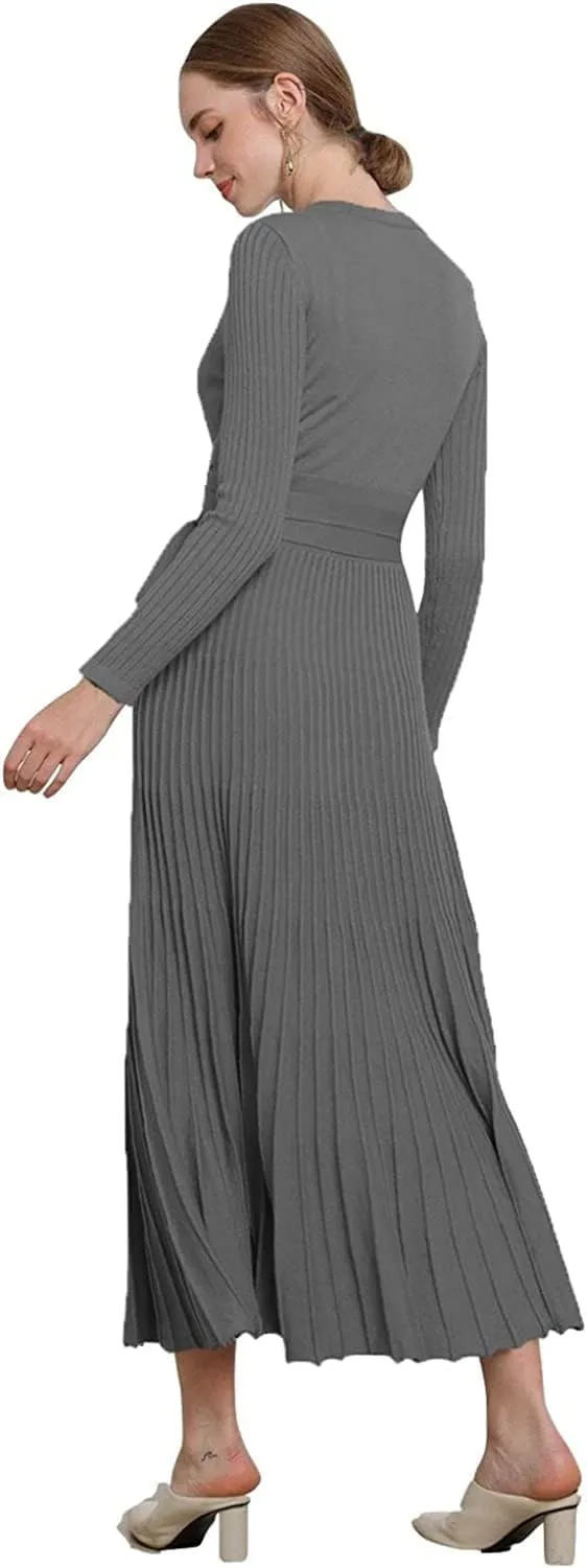 Women's Long Sleeve Sweater Dress Ankle Length Fall Dress Vneck Knit Winter Dress