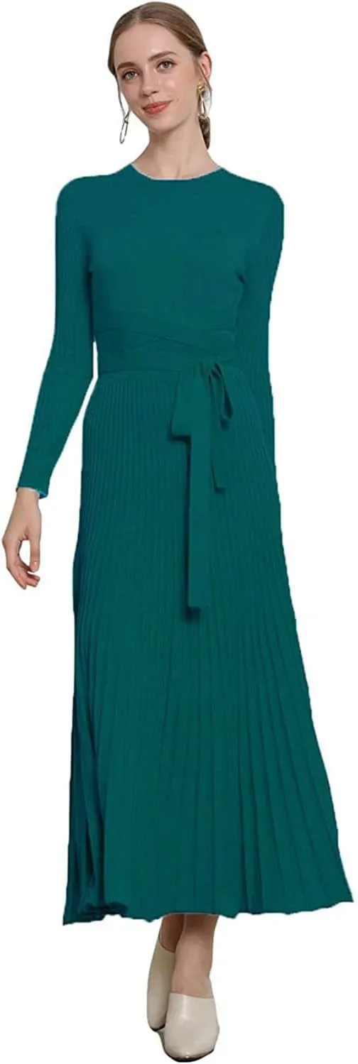 Women's Long Sleeve Sweater Dress Ankle Length Fall Dress Vneck Knit Winter Dress