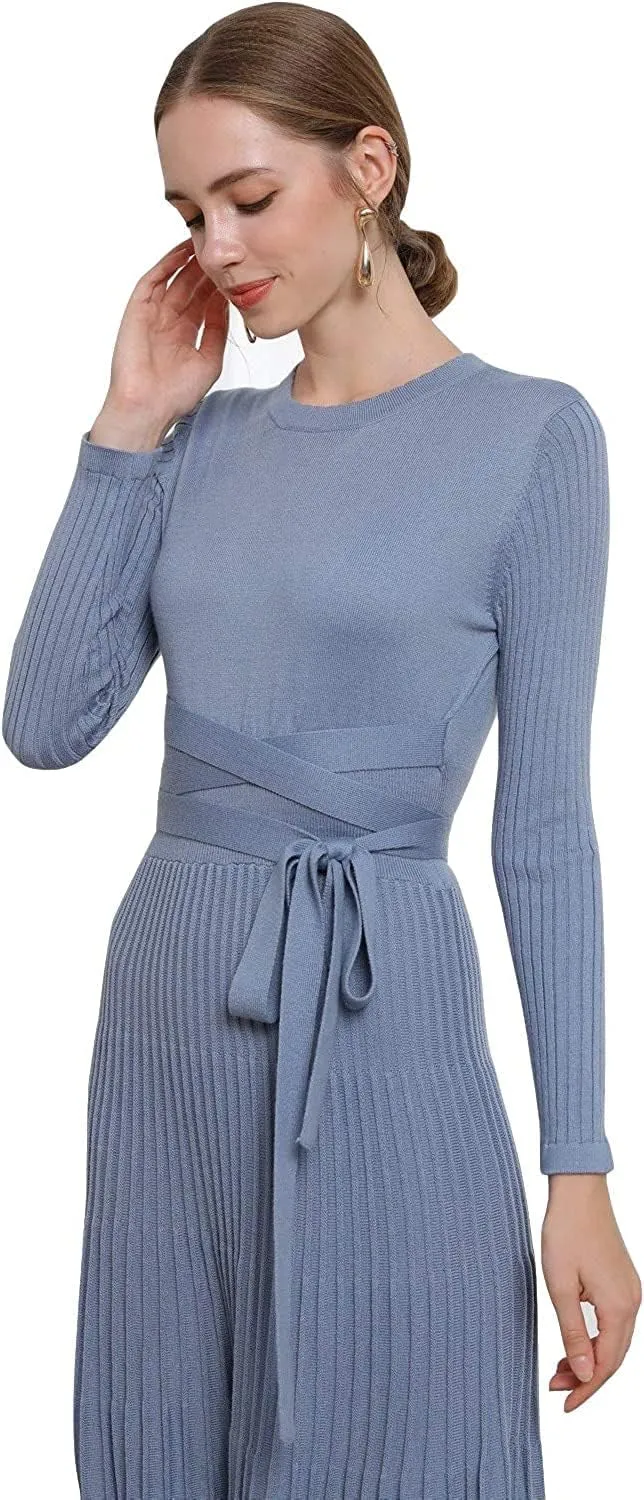 Women's Long Sleeve Sweater Dress Ankle Length Fall Dress Vneck Knit Winter Dress
