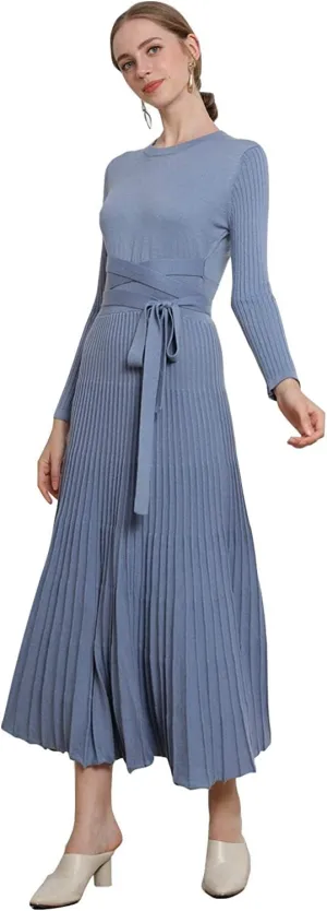 Women's Long Sleeve Sweater Dress Ankle Length Fall Dress Vneck Knit Winter Dress