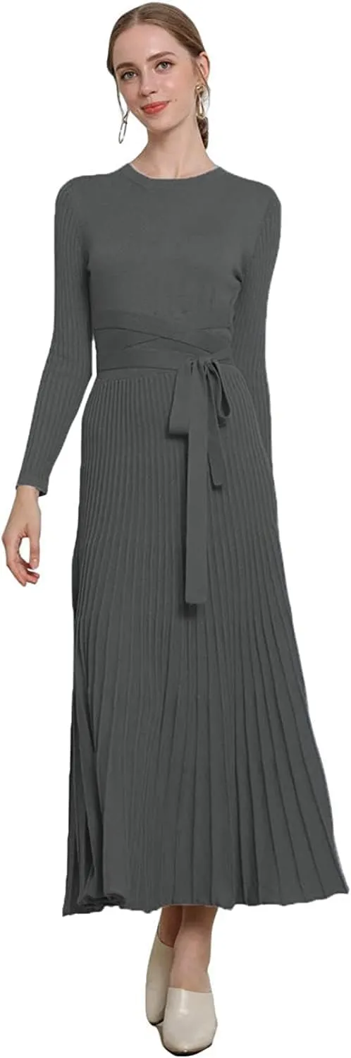 Women's Long Sleeve Sweater Dress Ankle Length Fall Dress Vneck Knit Winter Dress