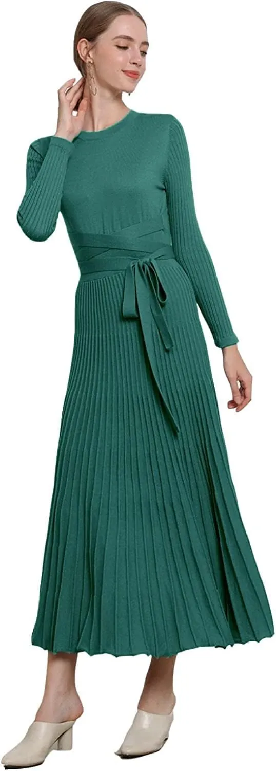 Women's Long Sleeve Sweater Dress Ankle Length Fall Dress Vneck Knit Winter Dress