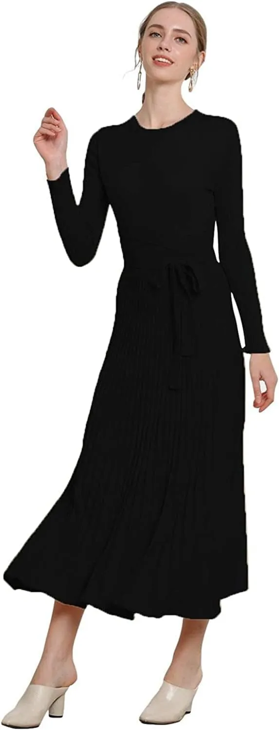 Women's Long Sleeve Sweater Dress Ankle Length Fall Dress Vneck Knit Winter Dress