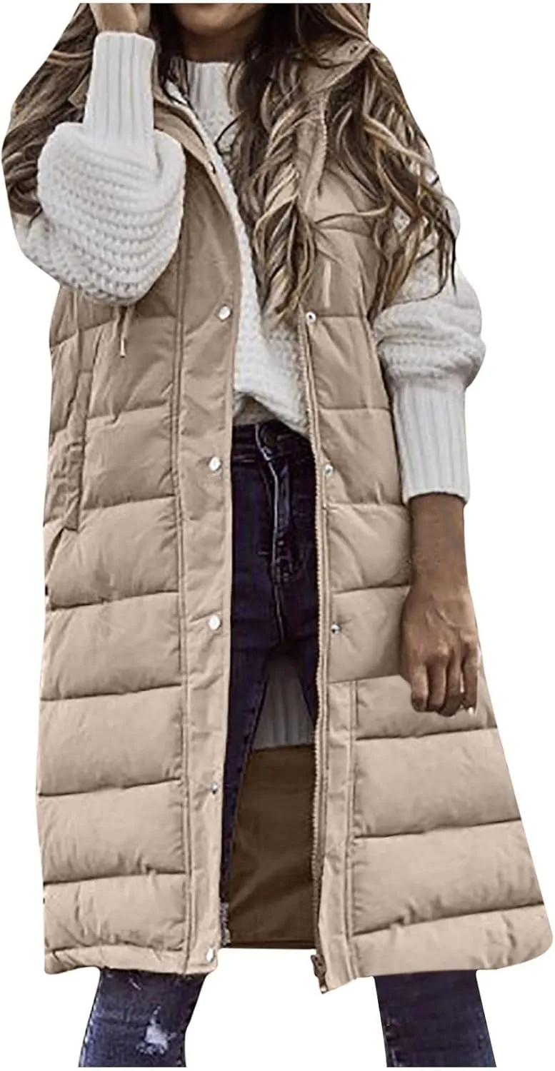 Womens Long Vest Winter Warm Reversible Coats Sleeveless Fleece Jacket Casual Hooded Zipper Outwear with Pockets