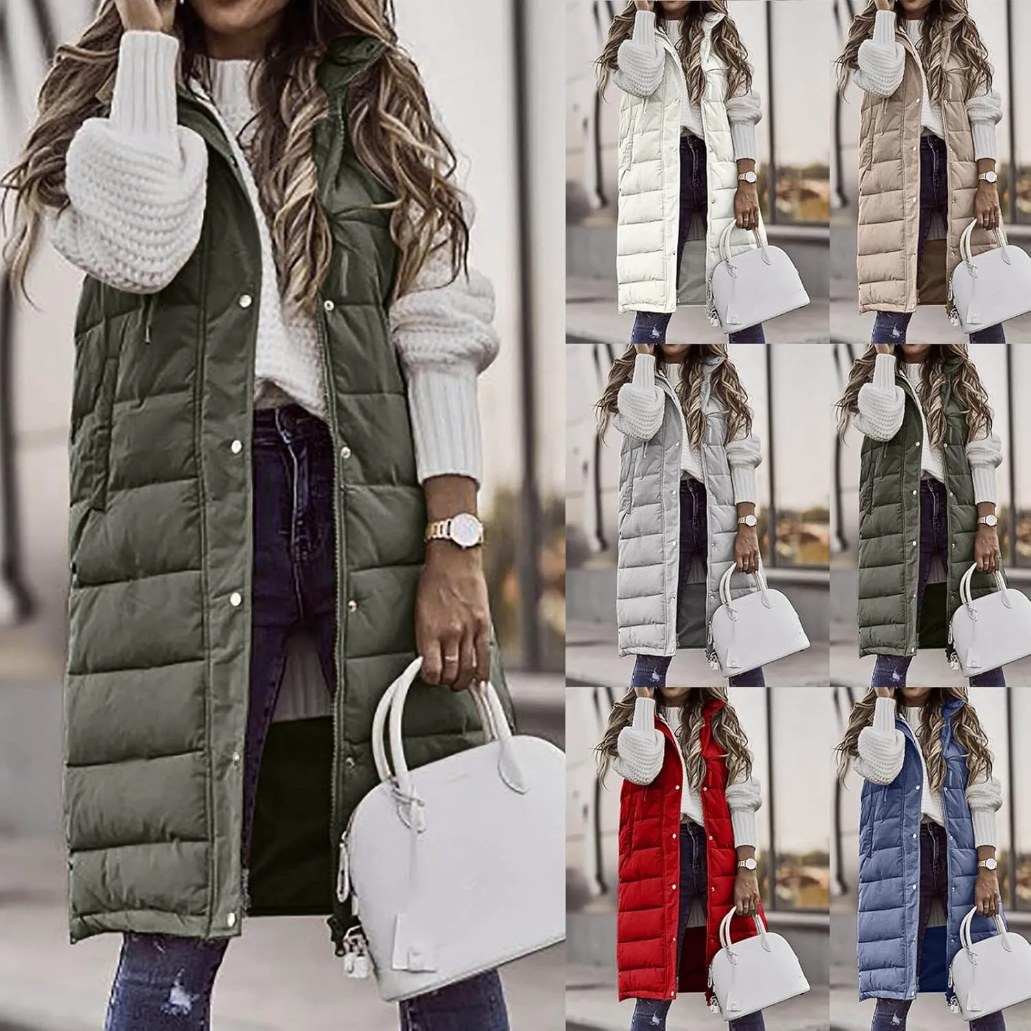 Womens Long Vest Winter Warm Reversible Coats Sleeveless Fleece Jacket Casual Hooded Zipper Outwear with Pockets