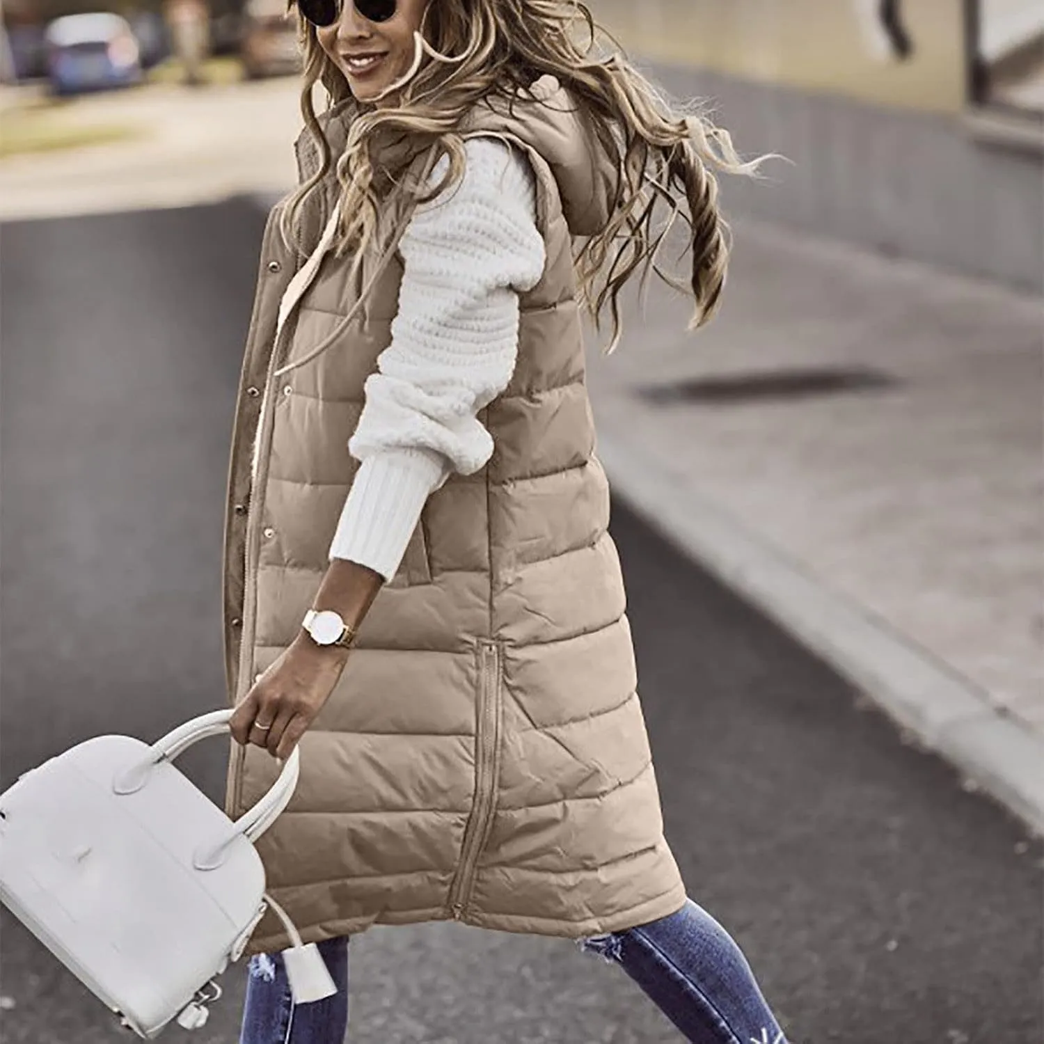 Womens Long Vest Winter Warm Reversible Coats Sleeveless Fleece Jacket Casual Hooded Zipper Outwear with Pockets