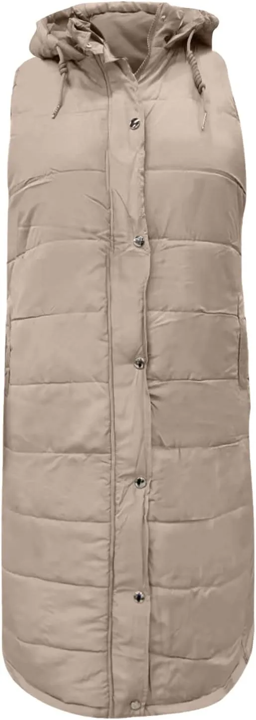 Womens Long Vest Winter Warm Reversible Coats Sleeveless Fleece Jacket Casual Hooded Zipper Outwear with Pockets