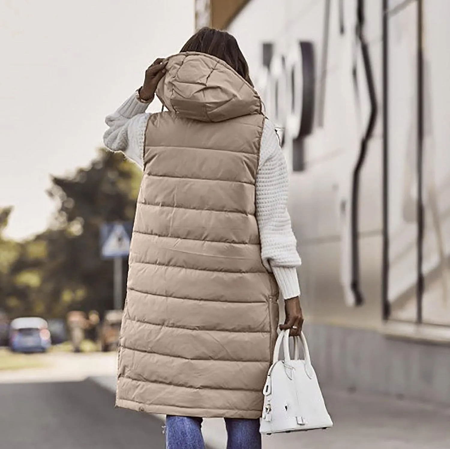 Womens Long Vest Winter Warm Reversible Coats Sleeveless Fleece Jacket Casual Hooded Zipper Outwear with Pockets