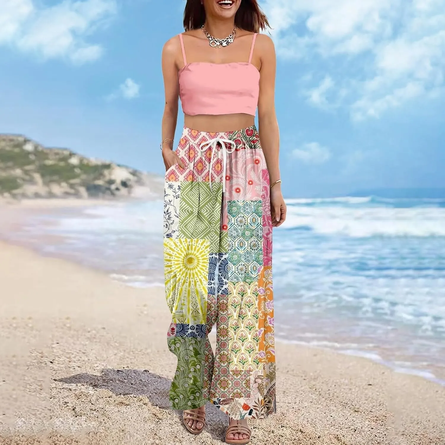 Womens Palazzo Pants Summer Boho Wide Leg Trousers Petite Casual High Waist Flowy Pant 2025 Beach Vacation Outfits
