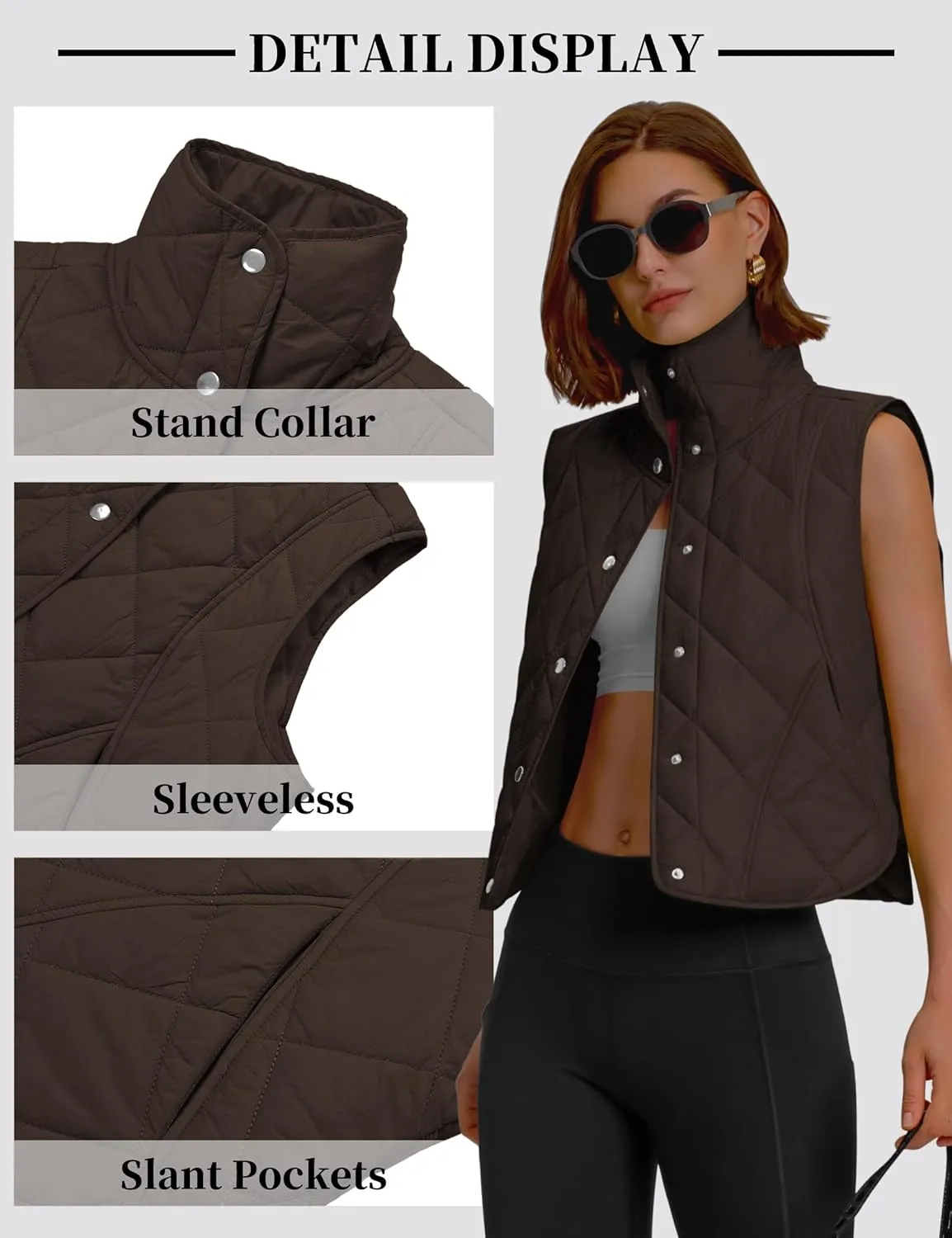 Womens Quilted Vest Cropped Puffer Vest Outerwear Stand Collar Button Down Padded Oversized Gilet with Pockets