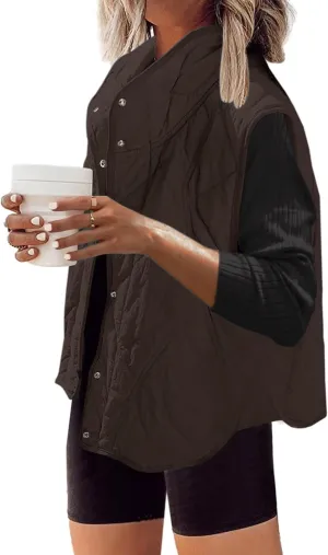 Womens Quilted Vest Cropped Puffer Vest Outerwear Stand Collar Button Down Padded Oversized Gilet with Pockets