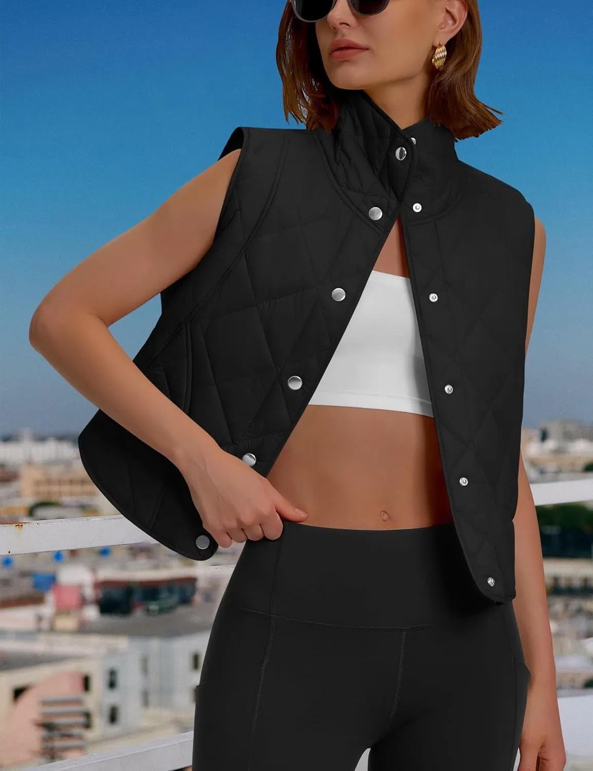 Womens Quilted Vest Cropped Puffer Vest Outerwear Stand Collar Button Down Padded Oversized Gilet with Pockets