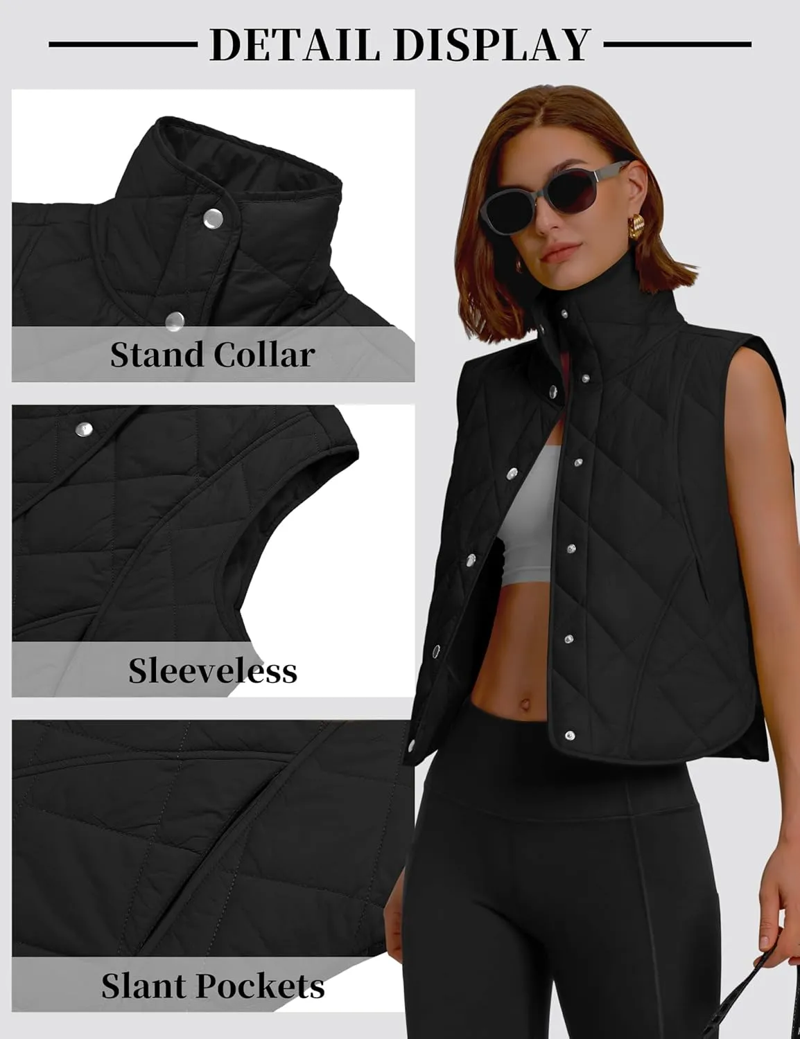 Womens Quilted Vest Cropped Puffer Vest Outerwear Stand Collar Button Down Padded Oversized Gilet with Pockets