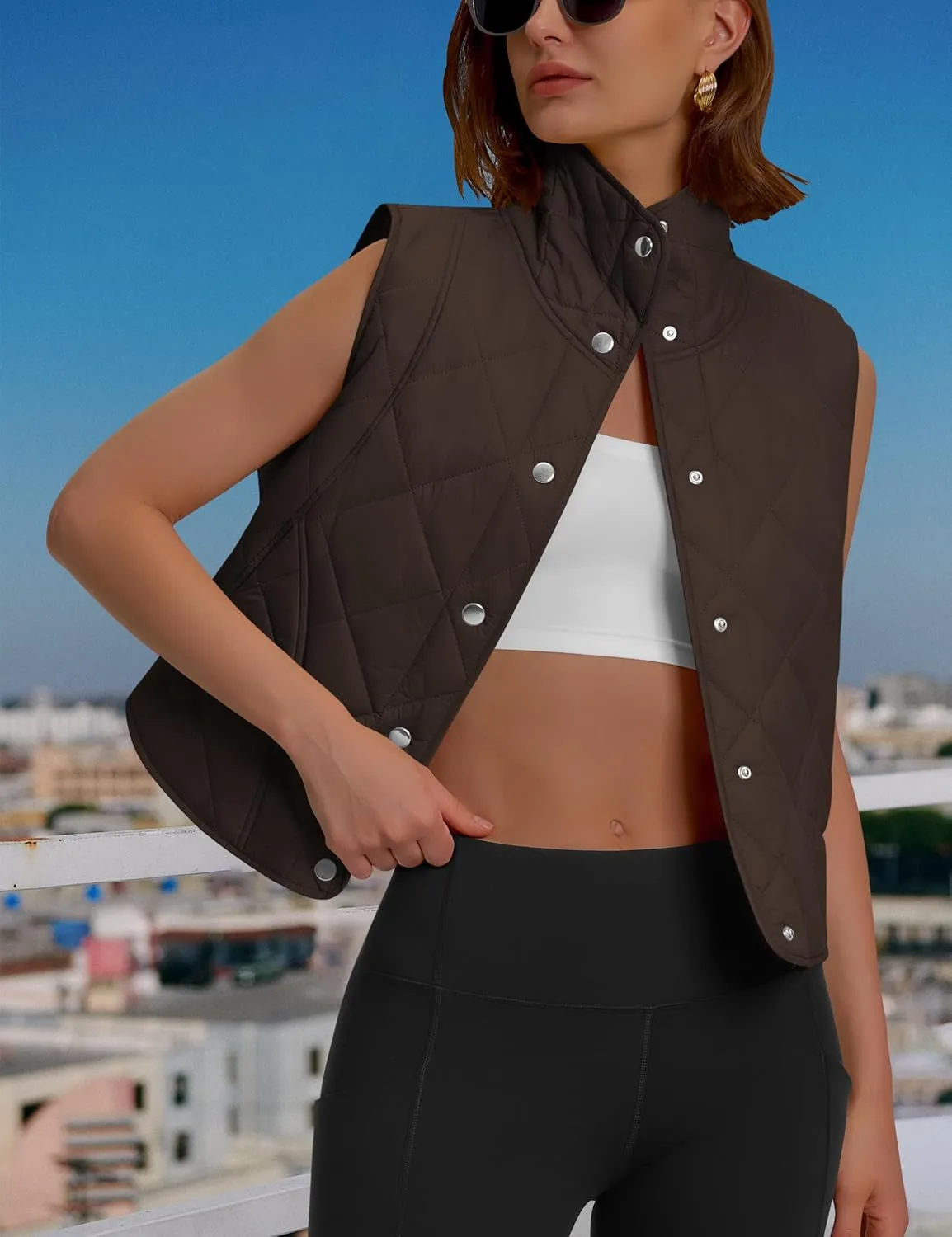 Womens Quilted Vest Cropped Puffer Vest Outerwear Stand Collar Button Down Padded Oversized Gilet with Pockets