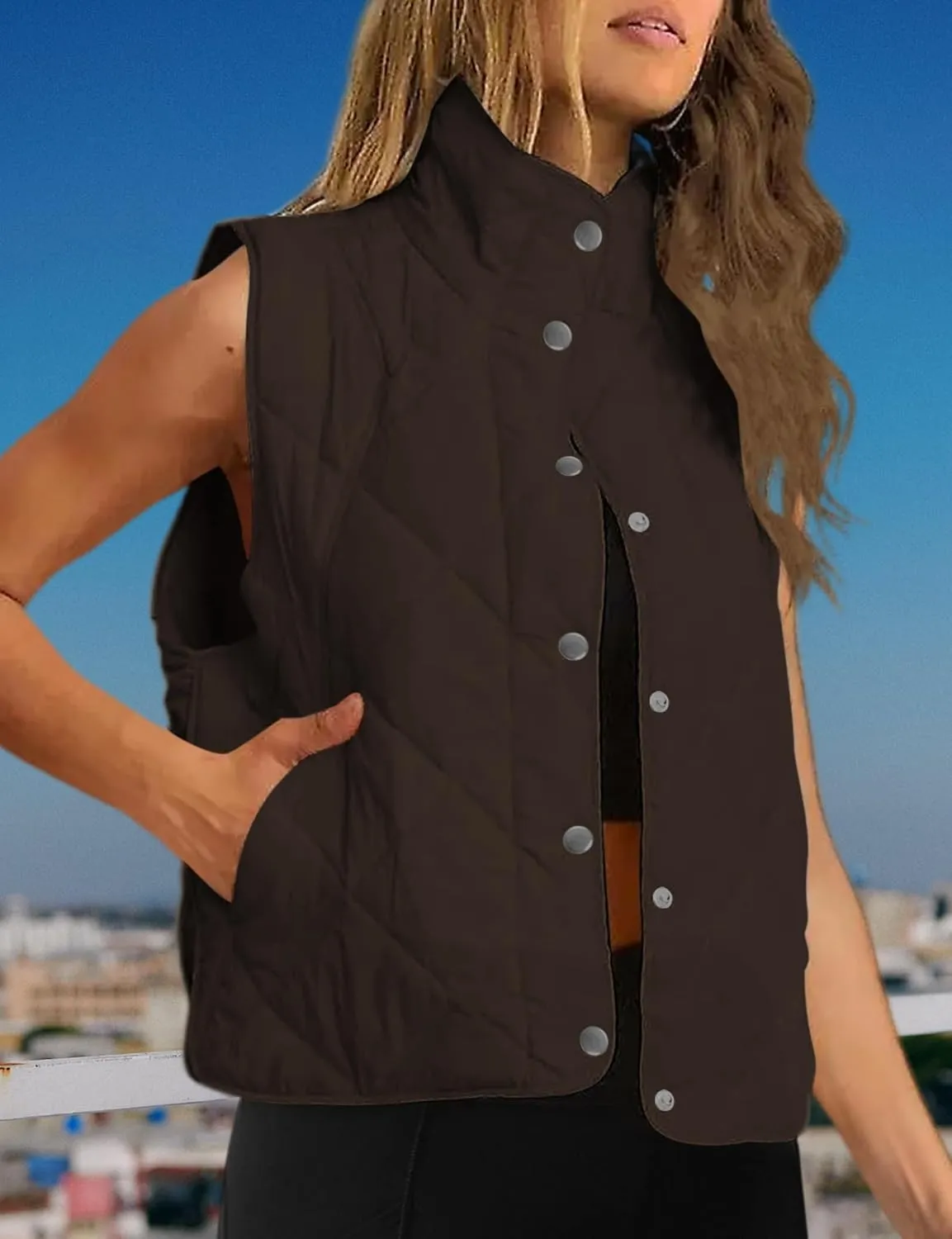 Womens Quilted Vest Cropped Puffer Vest Outerwear Stand Collar Button Down Padded Oversized Gilet with Pockets