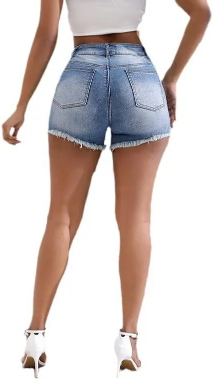Womens Ripped High Waisted Denim Shorts Stretch Frayed Raw Hem Jean Shorts