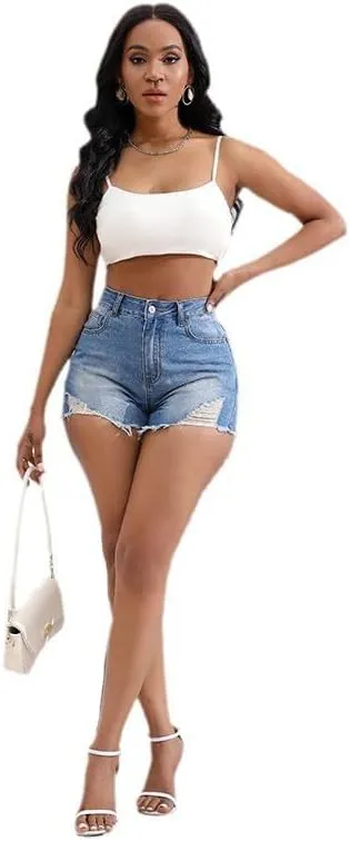Womens Ripped High Waisted Denim Shorts Stretch Frayed Raw Hem Jean Shorts