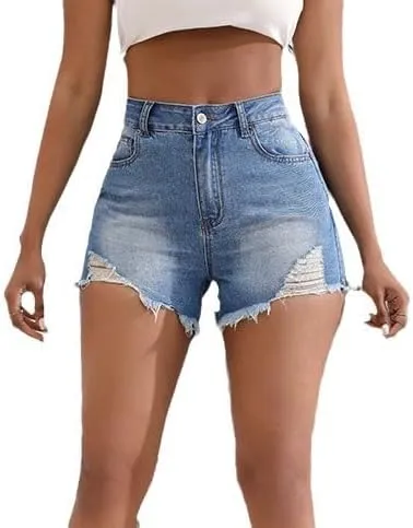 Womens Ripped High Waisted Denim Shorts Stretch Frayed Raw Hem Jean Shorts