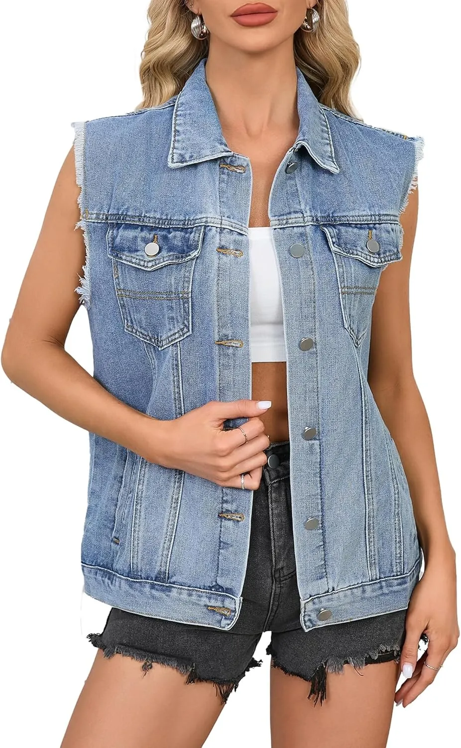 Womens Sleeveless Denim Vest Classic Button Down Jean Jackets with Pockets