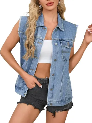 Womens Sleeveless Denim Vest Classic Button Down Jean Jackets with Pockets