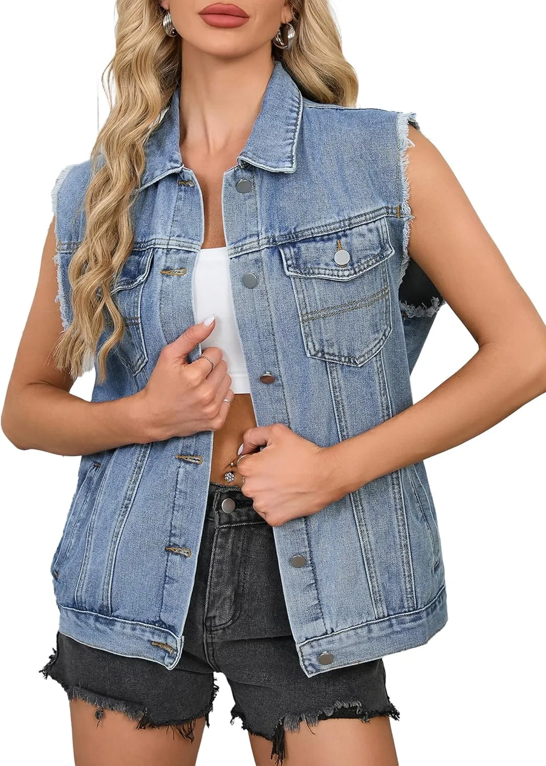 Womens Sleeveless Denim Vest Classic Button Down Jean Jackets with Pockets