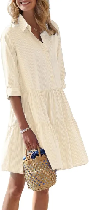 Women's Striped Button Down Shirt Dress Cute Babydoll Dress Tiered Beach Mini Tunic Dress