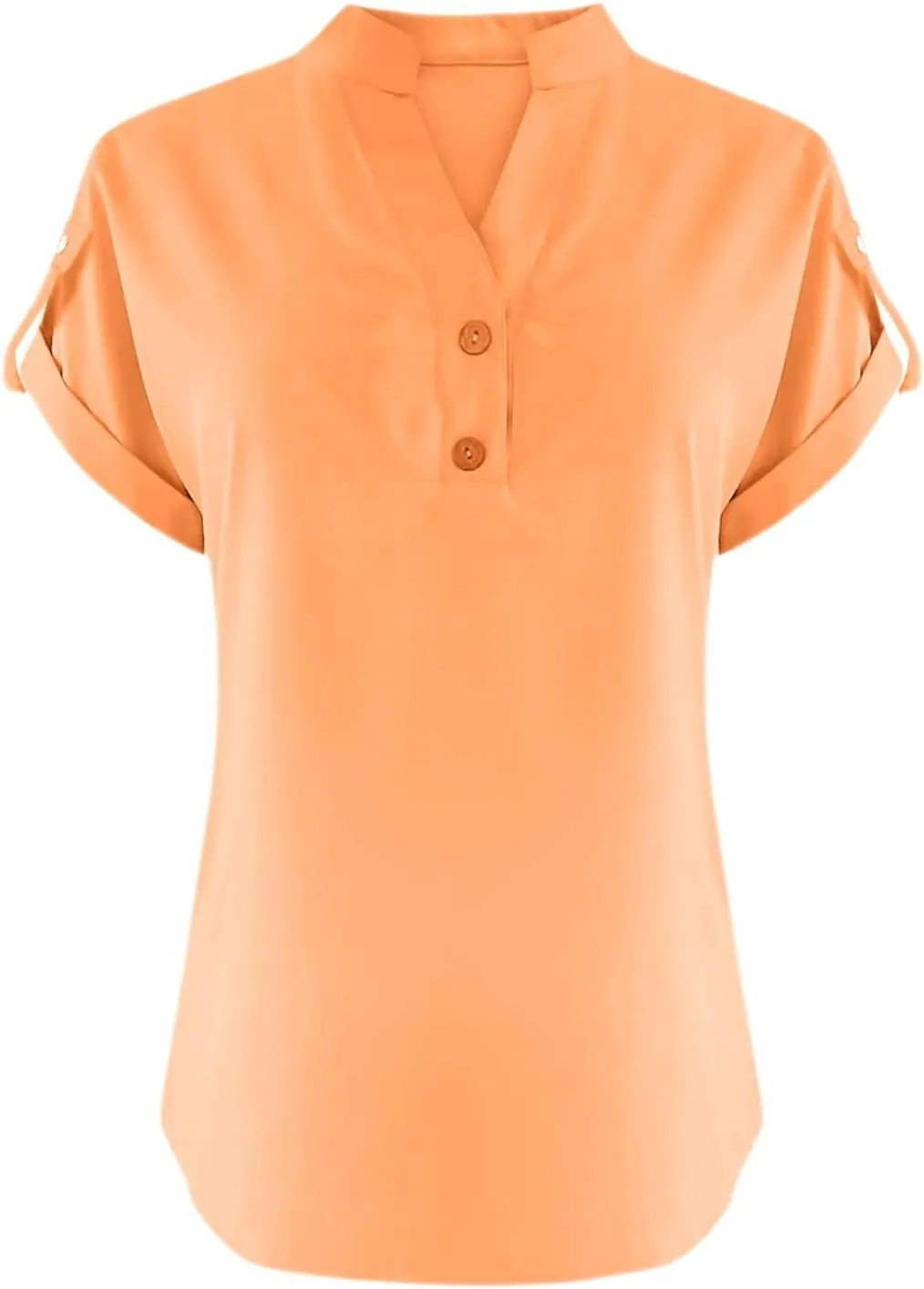 Womens Summer Cotton Linen Shirts Button V Neck Roll Short Sleeve Loose Tops Solid Color Comfy Pullover Work Blouses