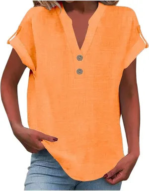 Womens Summer Cotton Linen Shirts Button V Neck Roll Short Sleeve Loose Tops Solid Color Comfy Pullover Work Blouses