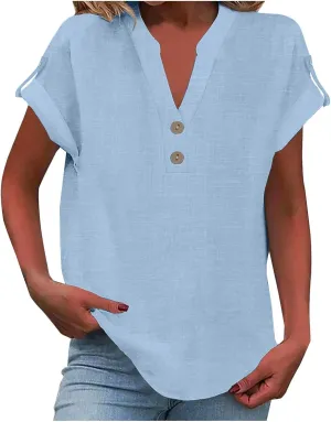 Womens Summer Cotton Linen Shirts Button V Neck Roll Short Sleeve Loose Tops Solid Color Comfy Pullover Work Blouses