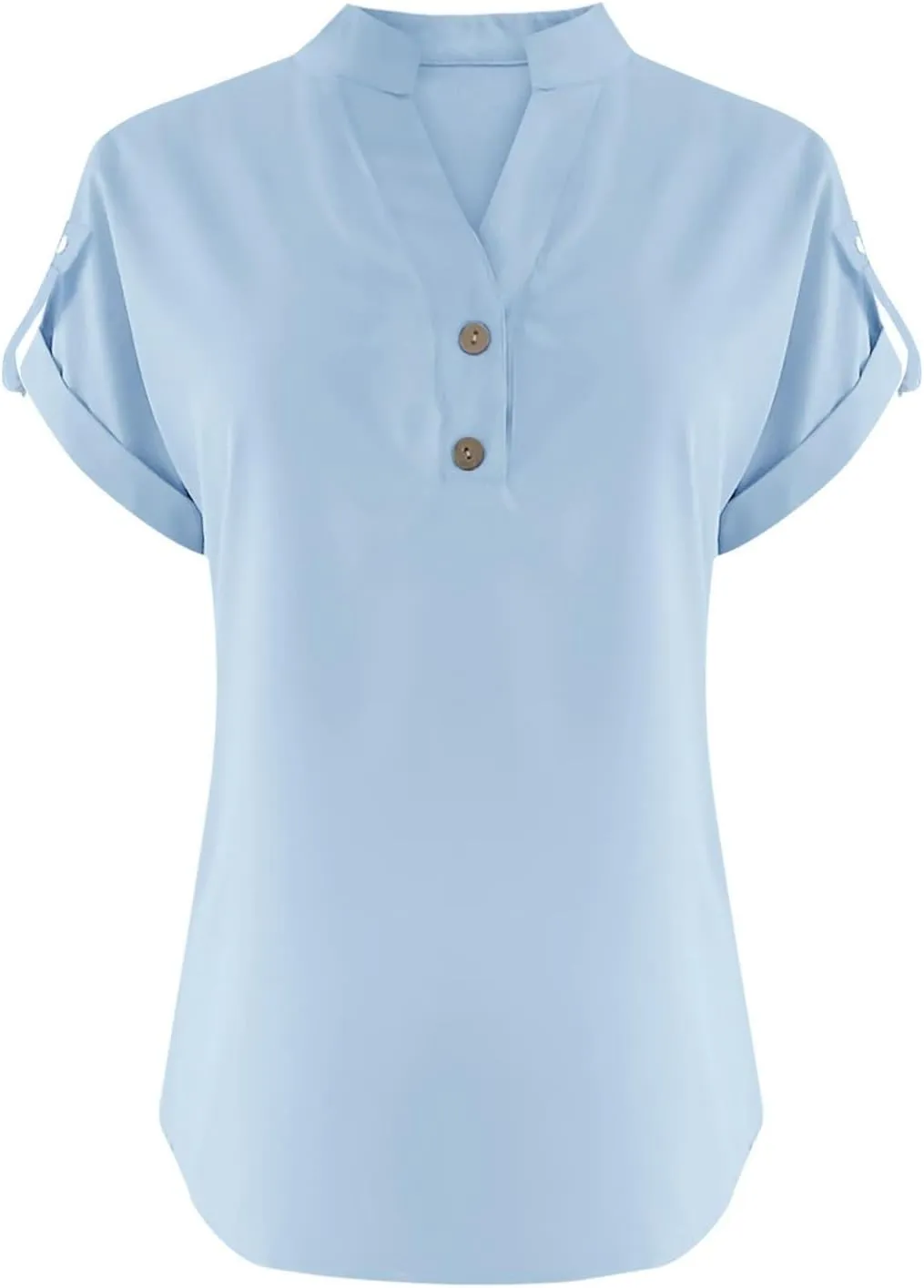 Womens Summer Cotton Linen Shirts Button V Neck Roll Short Sleeve Loose Tops Solid Color Comfy Pullover Work Blouses