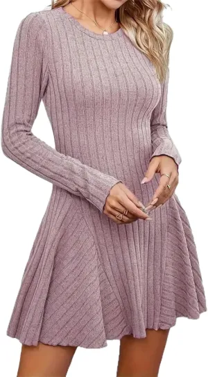 Women's Sweater A-line Dress V-Neck Knitted Ribbed Short Dress Long Sleeve Textured Dress Fall Winter Casual Work Dress