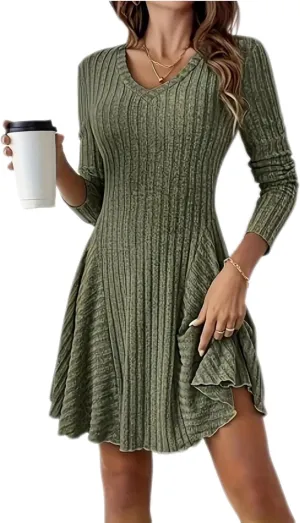 Women's Sweater A-line Dress V-Neck Knitted Ribbed Short Dress Long Sleeve Textured Dress Fall Winter Casual Work Dress